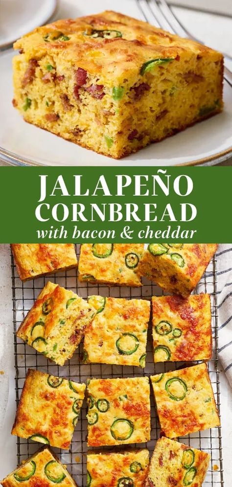 Jalapeño Cornbread with Cheddar & Bacon is easy to make, moist, buttery, fluffy, and so delicious. This recipe kicks it up a notch from your typical cornbread with oozy melted sharp cheddar, spicy jalapeños, and crispy bacon! Perfect side for any BBQ or picnic. #cornbread #jalapenocornbread #jalapenocheddarcornbread Cheesy Jalapeno Cornbread, Jalapeño Cornbread Recipe, Healthy Cornbread, Mexican Cornbread Recipe, Bacon Cornbread, Jalapeno Bacon, Jalapeno Cheddar Cornbread, Cheddar Cornbread, Jalapeño Cornbread