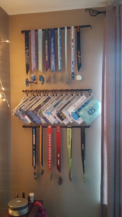 Sports Medal Storage Ideas, Medal Award Display, Ideas For Medals Display, Displaying Medals Ideas, Medal And Ribbon Display Ideas, Ways To Display Medals, Award Medal Display Ideas, Displaying Medals, Hang Medals Ideas