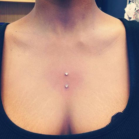 Microdermals on chest  Piercer: NikkiNeedle (Nicolle Himowicz) Middle Chest Piercing, Microdermal Piercing Chest, Piercing Between Breast, Chest Piercings For Women, Piercing Chest, Dermal Piercing Chest, Chest Dermal, Sternum Piercing, Chest Piercing