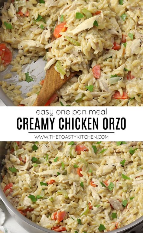 Creamy chicken orzo is a comforting, one pan meal that's ready in 30 minutes or less. Shredded rotisserie chicken, veggies, and orzo pasta are coated in a creamy, savory sauce. Orzo Chicken Pot Pie, Rotisserie Chicken Orzo, Chicken Orzo Recipes, Creamy Chicken Orzo, Orzo Casserole, Shredded Rotisserie Chicken, Orzo Recipe, One Pan Meal, Chicken Casseroles