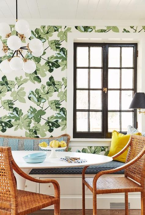 Peter Dunham Fig Leaf Wallpaper in Breakfast Nook - Transitional - Dining Room Peter Dunham Fig Leaf Wallpaper, Peter Dunham Wallpaper, Peter Dunham Fig Leaf, Dining Nook Wallpaper, Wallpaper Kitchen Nook, Wallpaper Breakfast Nook, Breakfast Nook Wallpaper, Cottage Floors, Nook Wallpaper