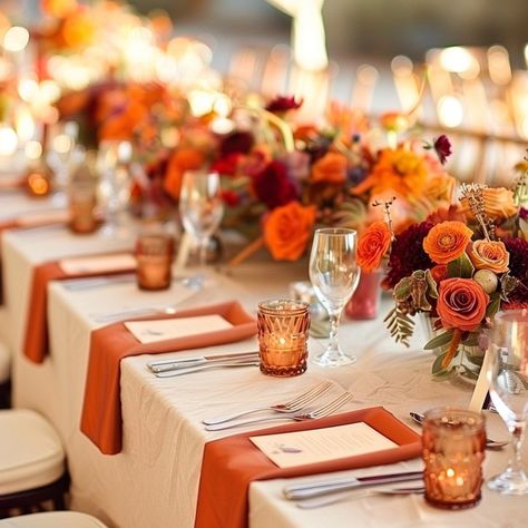 A collection of Summer wedding tablescapes to help inspire your Summer wedding. From coastal to rustic, boho, and so many more. There is a wedding tablescape for everyone. Wedding Fall Table Setting, Fall Wedding Simple Table Decor, Fall Rehearsal Dinner Table Decor, Fall Wedding Tablescapes Round Tables, Fall Tablescapes Wedding, Rust Orange Wedding Decor, September Coastal Wedding, Burnt Orange Wedding Table Setting, Fall Wedding Modern