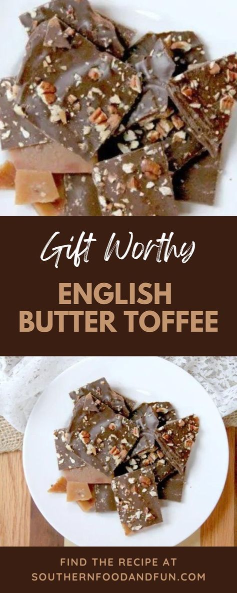 This Gift Worthy English Butter Toffee recipe is better than store bought, easy to make, and makes a great holiday food gift! Butter Toffee Recipe, English Toffee Recipe, Easy Candy Recipes, Toffee Recipe, Southern Desserts, Easy Butter, Butter Toffee, Homemade Sweets, Candy Recipes Homemade