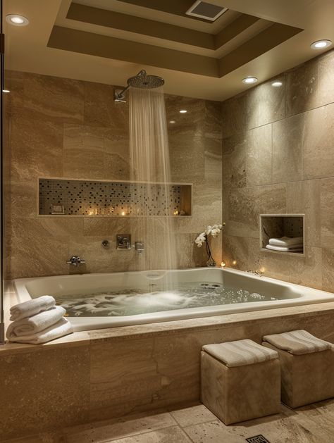 65 Bathroom Remodel Ideas: Create Your Dream Space with Style Dream Modern Bathroom, Modern Luxury Bathroom Design Master Bath Apartment, Bathroom Ideas Stone Tiles, Bathroom Ideas Big Tub, Bathrooms With Jacuzzi Master Bath, Master Bath Ideas With Jacuzzi Tub, Unique Tub Shower Combo, Hot Tub In Bathroom, Cool Bathroom Ideas Modern