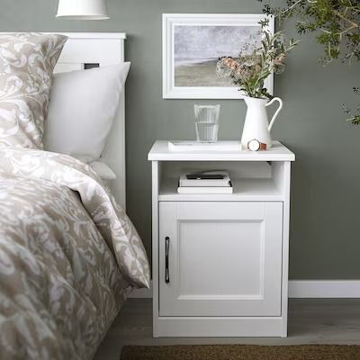 SONGESAND Bedroom Series - IKEA White Nightstand Decor Ideas, Bedside Table With Door, Ikea White Bedside Table, Songesand Nightstand, Bed Side Table Ideas, White Nightstand Bedroom, Nightstand Ikea, Night Stand Decor, Bedside Table Ideas