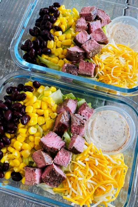 meal prep salads with steak cheese corn and beans Steak Meal Prep, Meal Prep Salads, Grilled Steak Salad, Clean Meal Prep, Healthy New Year, Lunch Prep, Meal Prep Plans, Salad Meal Prep, Healthy Lunch Meal Prep