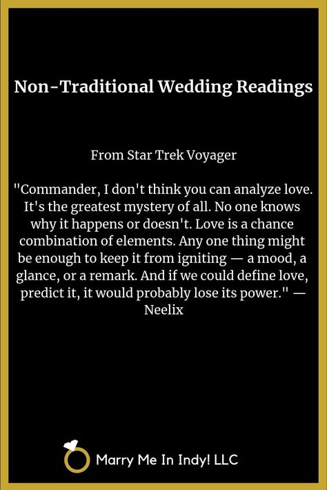 Non-Traditional Wedding Ceremony Readings from Star Trek Voyager. Star Trek Wedding Ideas, Trekking Quotes, Ceremony Readings, Star Trek Wedding, Movie Wedding, Wedding Ceremony Readings, Nerd Wedding, Ncc 1701, Nerdy Wedding