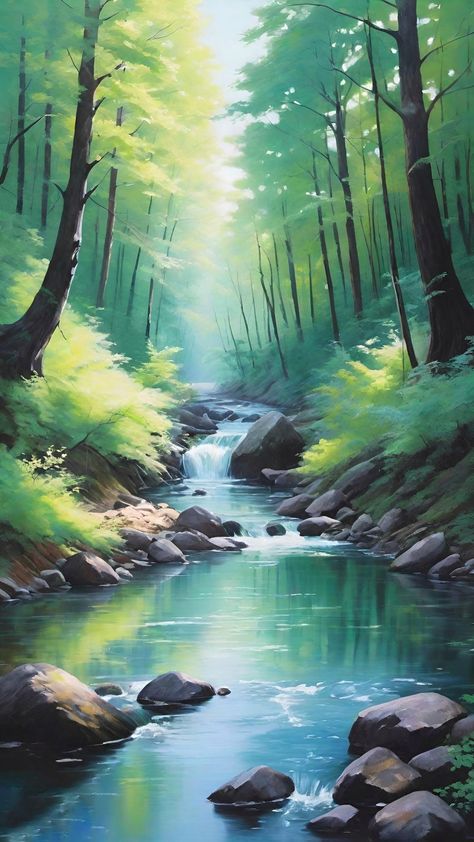 A captivating hyperrealistic painting of a serene forest stream, where sunlight filters through lush green foliage, creating a peaceful haven. The gentle cascade of water over rocks adds a soothing sense of harmony, inviting viewers to immerse themselves in nature’s quiet beauty.  #Hyperrealism #ForestStream #NatureArt #LandscapePainting #PeacefulNature #Tranquility #ArtisticEscape #RealisticArt #SereneForest #NatureLovers Hyperrealistic Painting, Forest Stream, Serene Forest, Quiet Beauty, Hyperrealism, Realistic Art, Green Foliage, Lush Green, In Nature