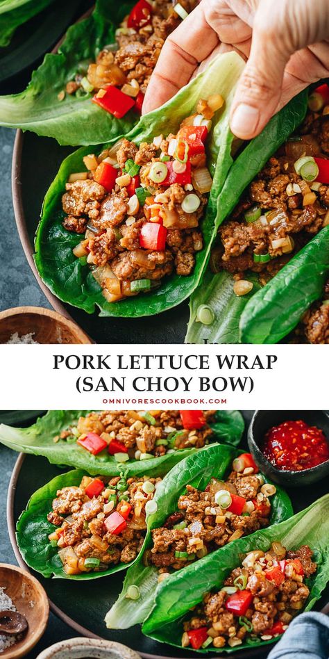 A super easy and fast San Choy Bow, or pork lettuce wrap recipe, that features tender pork and crisp vegetables brought together with a scrumptious brown sauce served on lettuce leaves. Make a light healthy meal or complete your Chinese dinner with this colorful dish! {Gluten-Free adaptable} San Choy Bow, Pork Wraps, Chinese Dinner, Pork Lettuce Wraps, Popular Appetizers, Wrap Recipe, Lettuce Wrap Recipes, Bite Size Appetizers, Lettuce Wrap