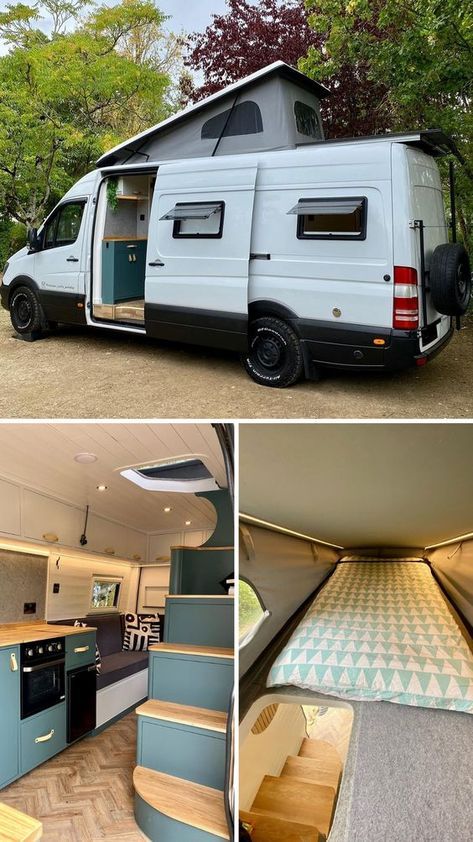 Here is yet another incredible VW Crafter van build. This time with a staircase leading to a pop top upstairs bedroom. Astuces Camping-car, Van Vw, Kombi Home, Van Conversion Interior, Combi Volkswagen, Campervan Life, Lake Food Ideas Summer, Build A Camper Van, Food Ideas Summer