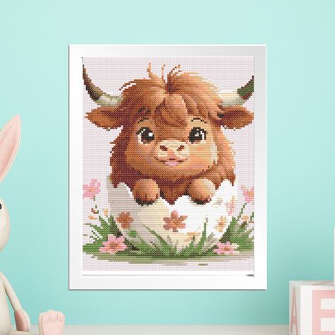 Cow Diy, Easter Elements, Scottish Countryside, Baby Highland Cow, Stitch Gift, Diy Cross, 10 Count, Easy Stitch, Diy Cross Stitch