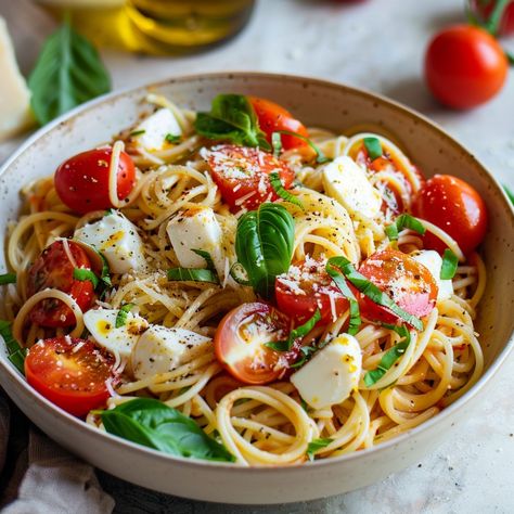 Caprese Pasta Recipe Ingredients: For the Pasta: 12 oz spaghetti or your favorite pasta Salt (for pasta water) 1/4 cup extra-virgin olive oil 3 cloves garlic, minced 2 cups cherry tomatoes, halved 8 oz fresh mozzarella, cubed 1/2 cup fresh basil leaves, torn or sliced Salt and pepper to taste 1/4 cup grated Parmesan cheese (optional) For Garnish: Extra fresh basil leaves Drizzle of balsamic glaze (optional) Instructions: Cook the Pasta: 1.1. Bring a large pot of salted water to a boil. 1.2.... Caprese Pasta Recipe, Tomato Mozzarella Basil, Caprese Pasta, Pasta Water, Clean And Delicious, Grilled Chicken Salad, Summer Eating, Health Dinner Recipes, Balsamic Glaze