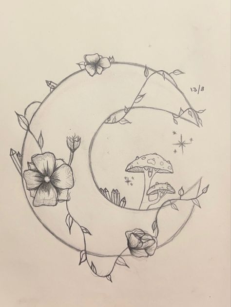 Moon And Plants Drawing, Floral Moon Drawing, Moonflower Drawing, Drawing Ideas Moon, Crescent Moon Drawing, Vine Drawing, Mirror Drawings, Moon Drawings, Drawing Bases