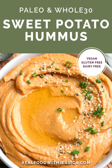 This Paleo Whole30 Sweet Potato Hummus is easy to make, creamy, and so delicious. Legume free, dairy free, vegan, and low FODMAP. #dairyfree #vegan #lowfodmap #paleo #whole30 | realfoodwithjessica.com @realfoodwithjessica Paleo Hummus, Whole30 Sweet Potato, Potato Hummus, Whole 30 Snacks, Sweet Potato Hummus, Best Paleo Recipes, Cooking Sweet Potatoes, Paleo Snacks, How To Eat Paleo