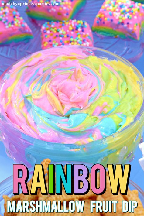 Your guests will go crazy for this fun marshmallow dip! Just two ingredients is all you need to make this Unicorn Party Rainbow Marshmallow Cream Cheese Fruit Dip recipe. Jojo Siwa Birthday Party Ideas Food, Jojo Siwa Birthday Party Ideas, Cream Cheese Fruit Dip Recipe, Unicorn Rainbow Party, Rainbow Marshmallow, Fruit Party Decorations, Fruit Dip Recipe, Cream Cheese Fruit Dip, Unicorn Party Food