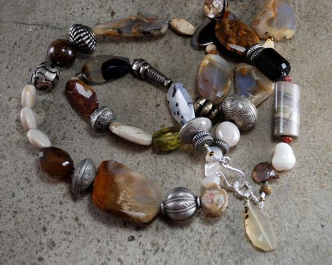 Chunky mix of Neutral Gemstones with by SpoiledGirlJewelry on Etsy, $365.00 Spoiled Girl, Fossilized Coral, Montana Agate, Dendritic Opal, Hill Tribe Silver, Girl Jewelry, Boulder Opal, Silver Accents, Handmade Sterling Silver