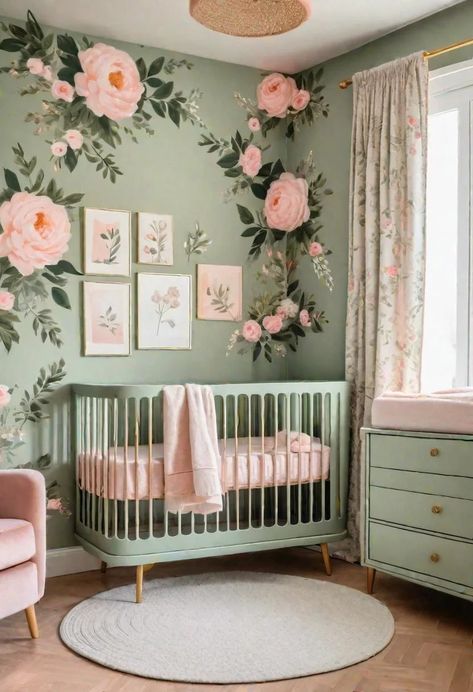 Pink Yellow Green Nursery, Pastel Baby Girl Nursery, Nursery Themes Green, Green Pink And White Bedroom, Sage Green Pink Nursery, Baby Girl Nursery Green And Pink, Lavender Baby Nursery, Pink And Sage Green Nursery, Green And Pink Baby Room