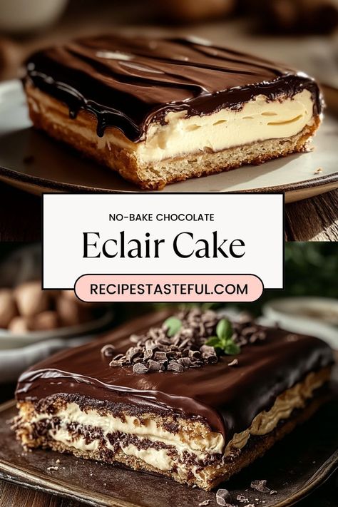 This No-Bake Chocolate Eclair Cake is a scrumptious dessert with layers of creamy vanilla pudding, fluffy whipped topping, and a rich chocolate glaze. Simple to prepare and perfect for any occasion, this no-bake treat is sure to satisfy chocolate lovers and dessert fans alike! Chocolate Napoleon, The Best Chocolate Frosting, No Bake Eclair, Best Chocolate Frosting, Eclair Cake Recipe, Napoleon Dessert, Eclair Dessert, Chocolate Eclair Dessert, No Bake Eclair Cake