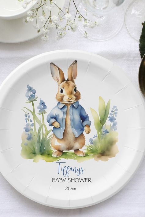 Peter rabbit baby shower personalized tableware template party plates cute bunny plates Peter Rabbit Theme Party, Plates Cute, Baby Shower Plates, Bunny Plates, Garden Baby Showers, Baby Shower Templates, Rabbit Baby, Baby Shower Flowers, Blue Bell