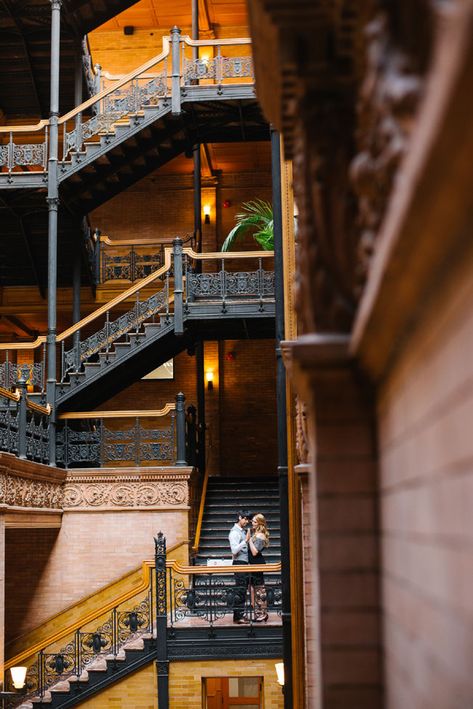 Ivy Covered Walls & LA's Iconic Bradbury Building Star In This Dreamy Engagement Session | Photograph by Jenna Bechtholt  http://storyboardwedding.com/la-bradbury-building-engagement-session/ Engagement Photos Brick Building, Bradbury Building Photoshoot, Engagement Photos Old Buildings, Brooklyn Bridge Picture Ideas, New York Instagram Pictures, Ybor City Engagement Photos, Los Angeles Library, Nyc Picture Ideas, Brooklyn Bridge Pictures