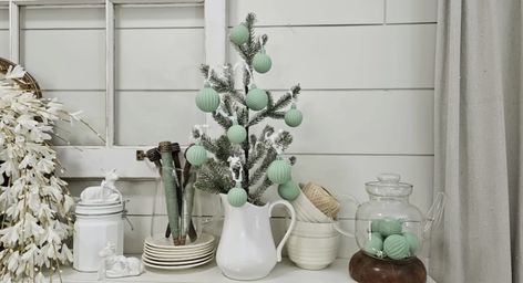 Making Your Own Vintage Christmas Decor On A Budget - Jadeite Christmas Ornaments — Julie's Designs and Signs Jadeite Christmas Ornaments, Jadeite Christmas Tree, Jadeite Ornaments, Jadeite Christmas, Metallic Christmas Decor, Christmas Decor On A Budget, Holiday Decor Diy, Mercury Glass Christmas Tree, Patina Paint