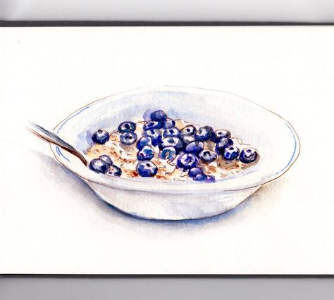 #WorldWatercolorGroup - Day 6 - Oatmeal and Blueberries - Doodlewash Holly Exley, Blueberry Bowl, Bowl Of Oatmeal, Watercolor Food Illustration, Food Art Painting, Blueberry Oatmeal, Watercolor Food, Growing Tips, Blueberry Recipes