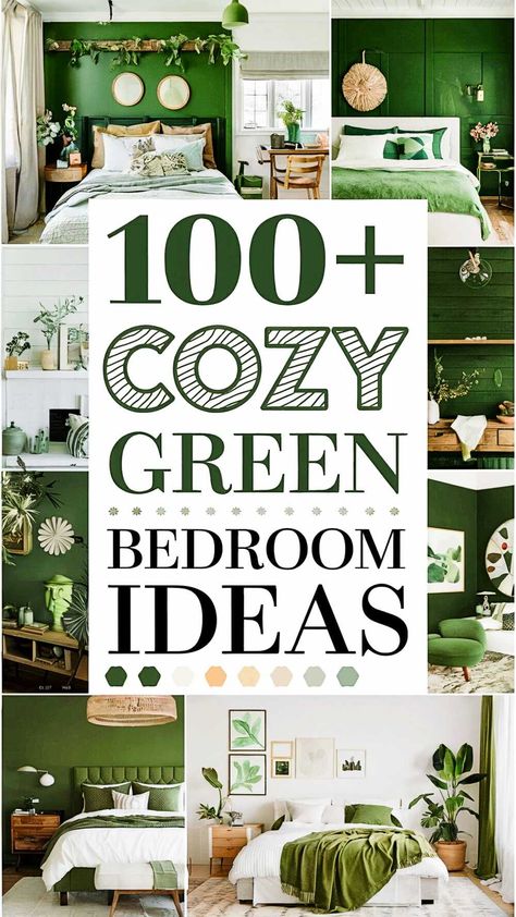 100+ Cozy Green Bedroom Ideas Green Modern Bedroom Ideas, Natural Green Room Aesthetic, Room Decor Bedroom Green Walls, Whimsical Cozy Bedroom, Green Rv Bedroom, Green Brown Bedroom Ideas, Green And White Bedroom Walls, Hunter Green Room Ideas, Green Layered Bedding