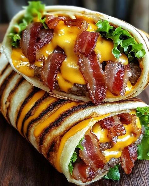 Recipes Cookery | Cheesy Bacon Burger Wraps  | Facebook Burger Wraps, Cheesy Burger, Bacon Wraps, Cheeseburger Wraps, Beef Bacon, Bacon Burger, Dinner With Ground Beef, Cheesy Bacon, Bacon Cheeseburger