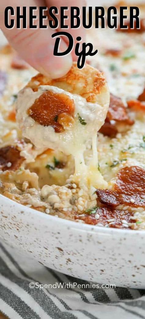 This is the ultimate game day appetizer - cheesy hamburger dip. This easy recipe is served hot with your favorite chips and other dippers! #spendwithpennies #dip #hamburgerdip #cheeseburgerdip #dip #hotdip #cheesedip Hamburger Chip Dip, Hamburger Appetizers, Cheesy Hamburger Dip, Hamburger Dip, Cheeseburger Dip, Coquille St Jacques, Game Day Appetizers, Spend With Pennies, Low Carb Appetizers