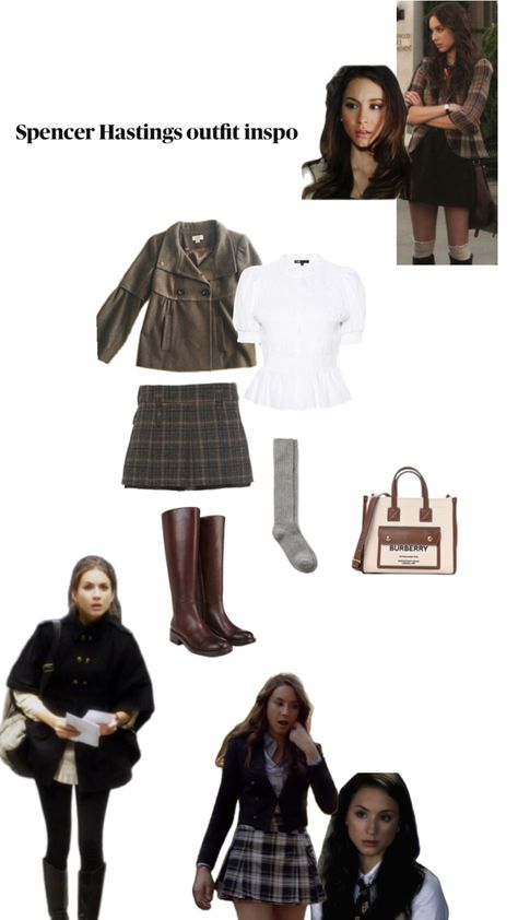 Plaid skirt, peacoat, knee high socks, white blouse Spencer Hastings Outfits, Spencer Hastings, Knee High Socks, Plaid Skirt, Plaid Skirts, White Blouse, High Socks, Knee High, Burberry