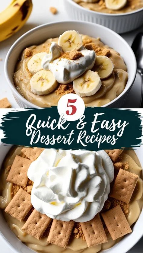 quick dessert recipes - banana pudding and no bake peanut butter cookies Easy Personal Desserts, Easiest Dessert Recipes, Quick And Easy Dessert Recipes, Creamy Banana Pudding, Two Ingredient Desserts, Baked Chocolate Pudding, Simple Sweets, Banana Pudding Ingredients, Personal Desserts