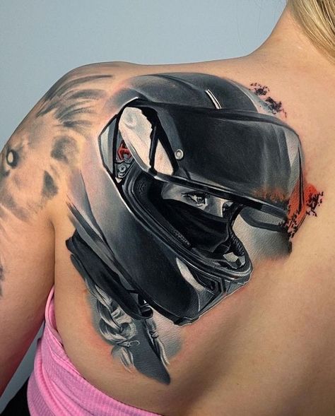 Moto Helmet Tattoo, Motorcycle Helmet Tattoo Design, Motorbike Tattoos, Motorcycle Tattoo Designs, Motorbike Tattoo, Moto Tattoo, Motor Girl, Gap Filler Tattoo, Biker Tattoo