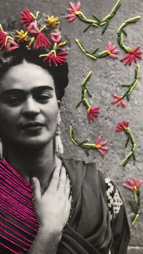 Frida Kahlo Embroidery, Embroidery On Photos, Embroidered Photography, Embroidered Photos, Embroidered Photo Art, Embroidered Photographs, Photo Embroidery, Frida Kahlo Style, Stitching On Paper