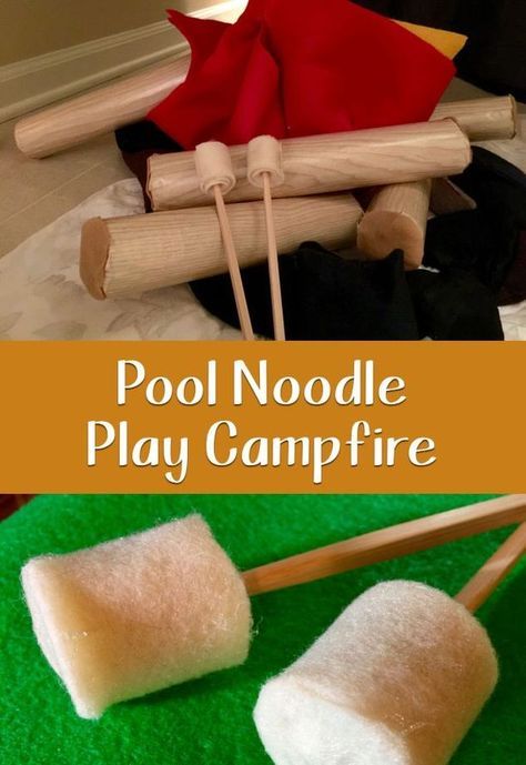 A fun DIY decorating project for Splash Canyon VBS! Pool Noodle Diy, Faux Campfire, Play Campfire, Camping Dramatic Play, Noodle Crafts, Outside Playground, Camp Vbs, Pool Noodle Crafts, Exhibit Ideas