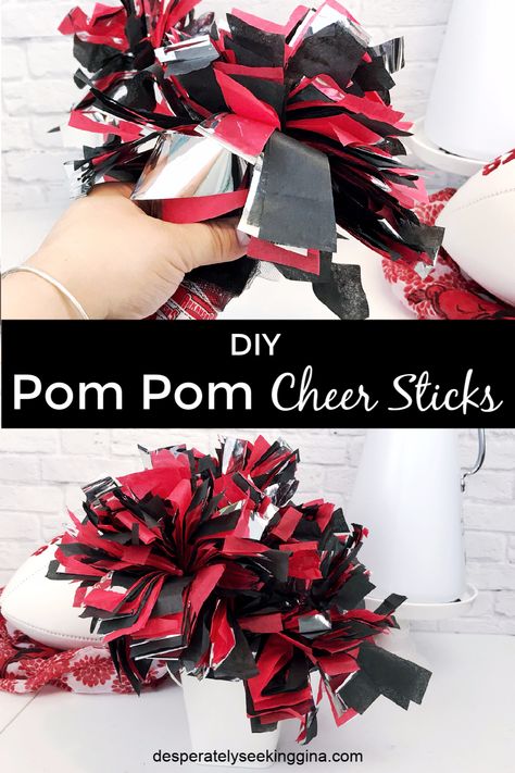 DIY Pom Pom Cheer Sticks are an easy and fun way to cheer on your team to victory. Make these cheerleading pom poms for game day parties or tailgating. They look great waving in the stands! #pompoms #diycrafts #cheerleading  via @gknupp How To Make Cheerleader Pom Poms, Pom Pom Cheerleading Diy, Diy Cheer Pom Poms, How To Make Pom Poms For Cheerleading, Diy Pom Poms Cheerleader, Cheer Spirit Sticks Diy, Diy Mini Pom Poms, Diy Pom Poms Cheerleader Spirit Sticks, How To Make Spirit Sticks Cheer