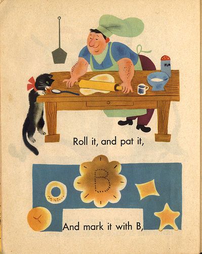 Baby's Mother Goose: Pat-a-cake (c)1948, illustrated by Aurelius Battaglia. Aurelius Battaglia, Baker Illustration, Mid Century Book Shelf, Greg Paprocki, Midcentury Art, Books Illustration, Cake Drawing, Mid Century Illustration, Gouache Art