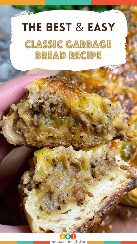 Discover the ultimate comfort food with this Classic Garbage Bread Recipe! Packed with flavorful ground beef, crispy bacon, tangy pickles, and gooey cheese, all wrapped in a golden pizza crust. Perfect for dinner, lunch, or gameday snacks. Quick and easy to make, this dish is a guaranteed crowd-pleaser. Try it now and watch your family fall in love! Save this pin for your next meal inspiration! Ground Bacon Recipes, Store Bought French Bread Ideas, Sandwiches With Ground Beef, Garbage Bread Recipe Ideas, Garbage Bread Recipe Pizza Dough, Trash Bread, Bacon Lunch Ideas, Ground Beef Appetizers Easy, Meat Bread Recipe