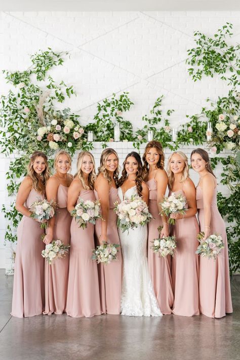 Blush bridesmaid dresses with white and green florals Blush Pink Bridesmaids, Blush Bridesmaids, Pink Wedding Theme, Bridesmaid Colors, Blush Bridesmaid Dresses, Blush Pink Weddings, Pink Bridesmaid Dresses, Bridesmaid Dress Colors, Dream Wedding Ideas Dresses