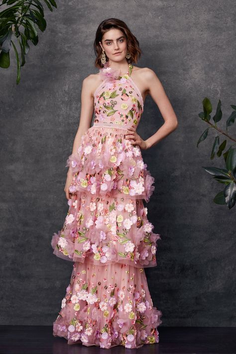 Halter multi-colored 3D floral embroidered tiered gown with trims 3d Floral Dress, Embroidery Dress Boho, Floral Embroidered Gown, Gaun Fashion, Floral Gown, Embroidery Fashion, Marchesa, Long Gown, Embroidery Dress