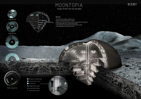 D.Y.O.B.: Drill Your Own Base - Nine lunar habitat proposals win in Moontopia competition Space Colony Concept, Moon Base, Space Colony, Arcology, Space Story, Design Studio Logo, Spaceship Art, Infographic Design Inspiration, Moon Landing