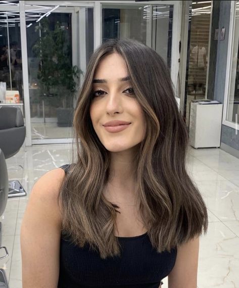 Curtain Bangs Long Hair Brunette Middle Part, Balayage With Money Piece Short Hair, Side Bangs Balayage Hair, Subtle Front Highlights, Creamy Brown Balayage, Brunette With Minimal Highlights, Brunette Scandi Hairline, Mini Balayage Brunette, Honey Babylights On Brown Hair