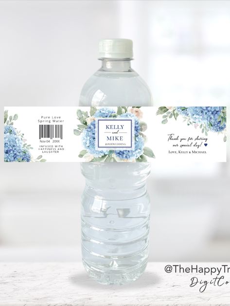 Plastic Bottle Design, Wedding Water Bottle Labels, Blue Hydrangea Wedding, Water Bottle Labels Wedding, Wedding Water Bottles, Hydrangea Wedding, Heart Font, Hydrangeas Wedding, Editable Labels