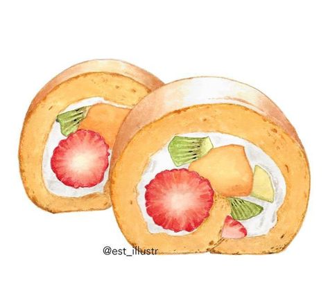 Roll Cake Illustration, Stickers Food, Cake Drawing, 귀여운 음식 그림, Cake Illustration, Kawaii Dessert, Food Drawings, Fruit Roll, Cute Food Drawings