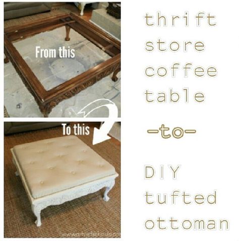 DIY Tufted Ottoman- Coffee Table Before and After - Country Living Diy Ottoman Coffee Table, Diy Tufted Ottoman, Tufted Ottoman Coffee Table, Old Coffee Tables, Diy Ottoman, Farmhouse Side Table, Ottoman Coffee, Tufted Ottoman, Glass Top Coffee Table