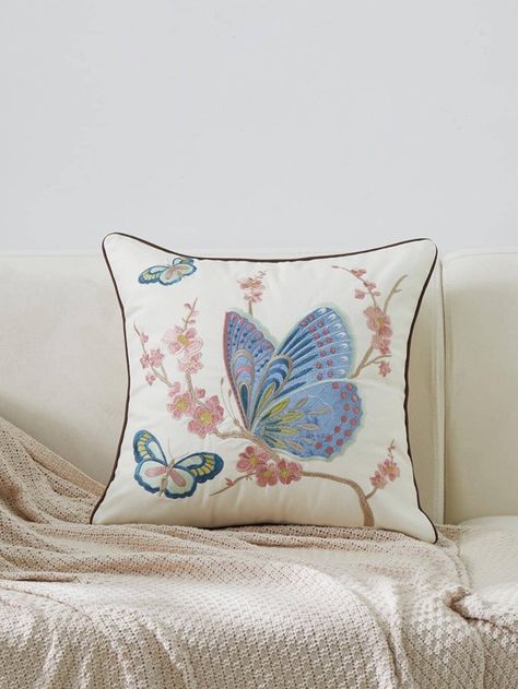 Butterfly Cushion, Soft Throw Pillows, Embroidered Pillow Covers, Butterfly Embroidery, Floral Pillow Cover, Linen Sofa, Embroidered Cushions, Floral Pillows, Embroidered Pillow