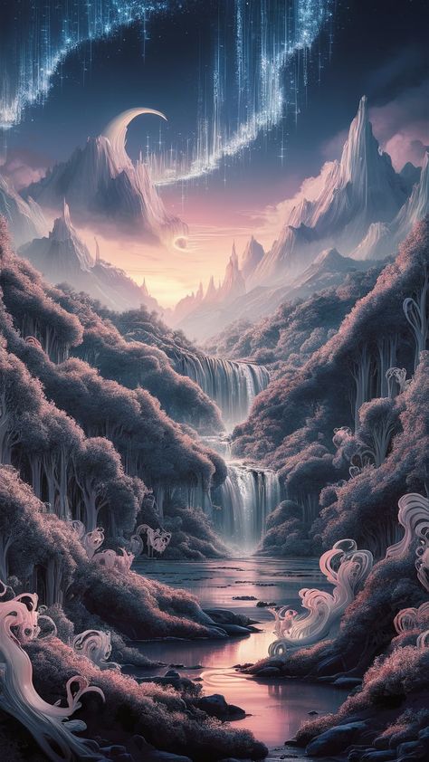 Immerse yourself in a breathtaking fantasy wallpaper showcasing majestic mountains and a luminescent forest. Experience the magic of a cascading waterfall, glistening under a twilight sky filled with shimmering stars. Enchanted creatures inspired by Art Nouveau grace this surreal realm, inviting you into a world of wonder. Perfect for nature lovers and fantasy enthusiasts. #FantasyWallpaper #EtherealLandscape #Impressionism #ArtNouveau Fantasy Landscape Wallpaper, Twilight Realm, Enchanted Creatures, Fantasy Wallpaper, Cascading Waterfall, Twilight Sky, Mystical Forest, Majestic Mountains, Landscape Wallpaper