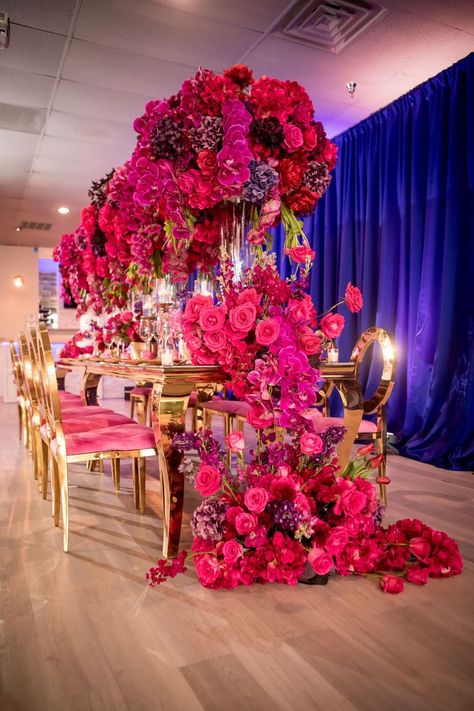 Bold Wedding Reception Estate Table Grand Estate, Magenta Wedding, Purple And Gold Wedding, Bridal Events, African Traditional Wedding, Dream Wedding Decorations, Luxury Wedding Decor, Table Setting Decor, Wedding Theme Colors