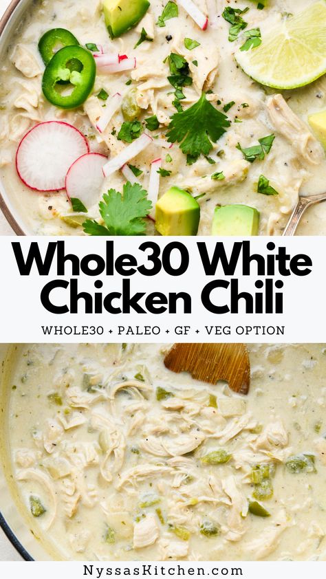 Whole30 White Chicken Chili, Chili Paleo, White Chicken Chili Slow Cooker, Dairy Free Soup, White Chili Chicken Recipe, Homemade Seasonings, White Chicken Chili, Cooked Veggies, White Chicken