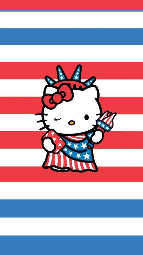 USA Hello Kitty Lady Liberty w/red, white, & blue stripes. Patriotic Wallpaper, July Wallpaper, 4th Of July Wallpaper, Patriotic Background, Images Hello Kitty, Hello July, Hello Kitty Dress, Hello Kitty Backgrounds, Hello Kitty Art