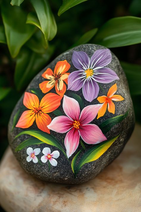 Rock painting is a fun and creative DIY activity that kids can enjoy! Take ordinary stones and turn them into vibrant designs, like colorful animals or flowers. Painted rocks can brighten up your garden and serve as creative markers or decorations. Follow an easy tutorial to learn how to pick the right stones, paint them, and use weather-resistant finishes to ensure your painted rocks last for years to come. Painting On Black Rocks, Stone Painting Ideas Easy, Painting Flowers On Rocks, Stuff To Paint On Rocks, Rock Painting Flowers Easy, Flowers Painted On Rocks, Flowers Painted Rocks, Garden Rock Painting Ideas, Painting Rocks Ideas